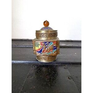 Antique Enameled Brass Chinese Tea, Tobacco Caddy, Trinket Box, Stash Box